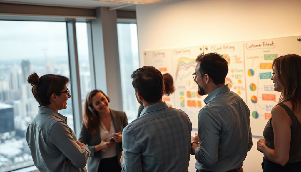 A serene office space with a large window overlooking a bustling city skyline. In the foreground, a team of professionals engaged in a lively discussion, their faces expressing deep concentration as they analyze customer retention data displayed on a sleek touchscreen interface. The middle ground features a floor-to-ceiling whiteboard covered in colorful diagrams and sticky notes, reflecting the collaborative nature of their SaaS marketing strategy. The background is softly lit, creating a warm and productive atmosphere, with a sense of forward momentum and a focus on customer loyalty.