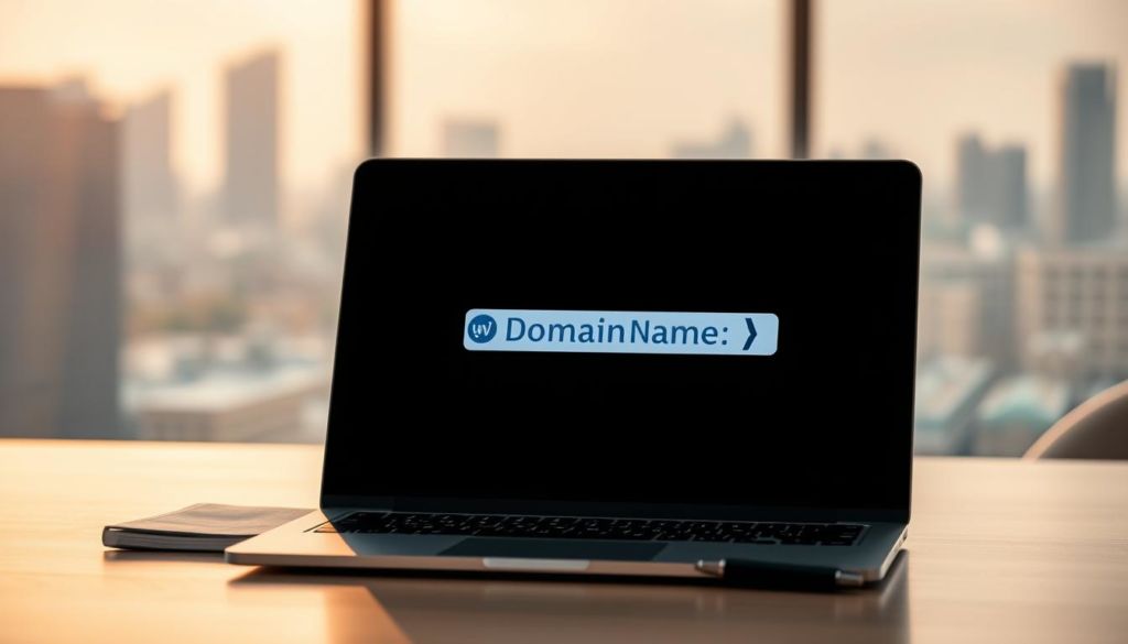 A serene office workspace with a laptop, notebook, and a stylized domain name registration icon prominently displayed on the screen. The lighting is soft and diffused, creating a calming atmosphere. The background features a blurred cityscape, hinting at the global reach of the domain registration process. The composition emphasizes the importance of a well-chosen domain name, guiding the viewer's attention to the central focus. Technical details such as a medium-wide angle lens and warm color tones contribute to the professional and authoritative feel of the image.