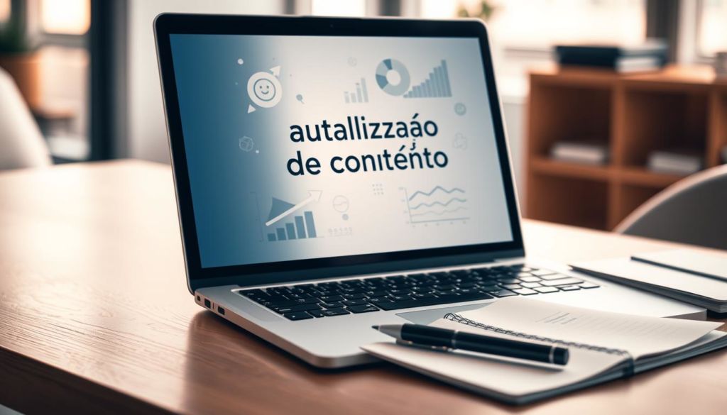 A serene office workspace with a laptop, pen, and notebook on a clean wooden desk. The lighting is warm and diffused, casting a soft glow across the scene. On the laptop screen, a visual representation of "atualização de conteúdo" appears, with abstract data visualizations and informative graphics. The background is blurred, hinting at the focus on the content update task at hand. The overall atmosphere is one of productivity, concentration, and the act of refreshing and refining digital content.