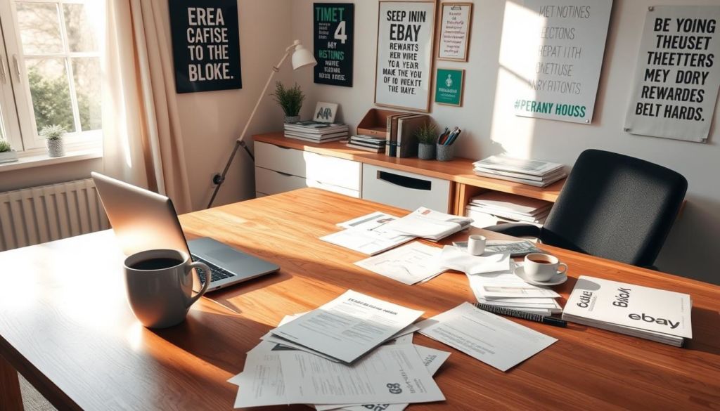 A serene office workspace with a large wooden desk, a sleek laptop, and a cup of coffee on top. Sunlight streams in through the window, casting a warm glow on the scene. On the desk, various eBay-related documents and materials are neatly organized, hinting at the owner's focus on maximizing their eBay Bucks rewards. The walls are adorned with motivational posters and inspirational quotes, reflecting the owner's determination to make the most of their eBay experience. The overall atmosphere conveys a sense of productivity, efficiency, and a commitment to financial optimization.