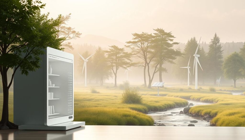 A serene online shopping scene, showcasing the harmony between technology and sustainability. In the foreground, a minimalist virtual storefront with clean, modern design and shimmering digital displays. In the middle ground, a lush, verdant landscape unfolds, with towering trees and a tranquil stream flowing through. Soft, diffused lighting creates a calming atmosphere, while a warm, earthy color palette evokes a sense of natural balance. The background features renewable energy infrastructure, such as wind turbines and solar panels, seamlessly integrated into the environment. The overall composition conveys a vision of sustainable e-commerce, where digital convenience and environmental consciousness coexist in perfect harmony.