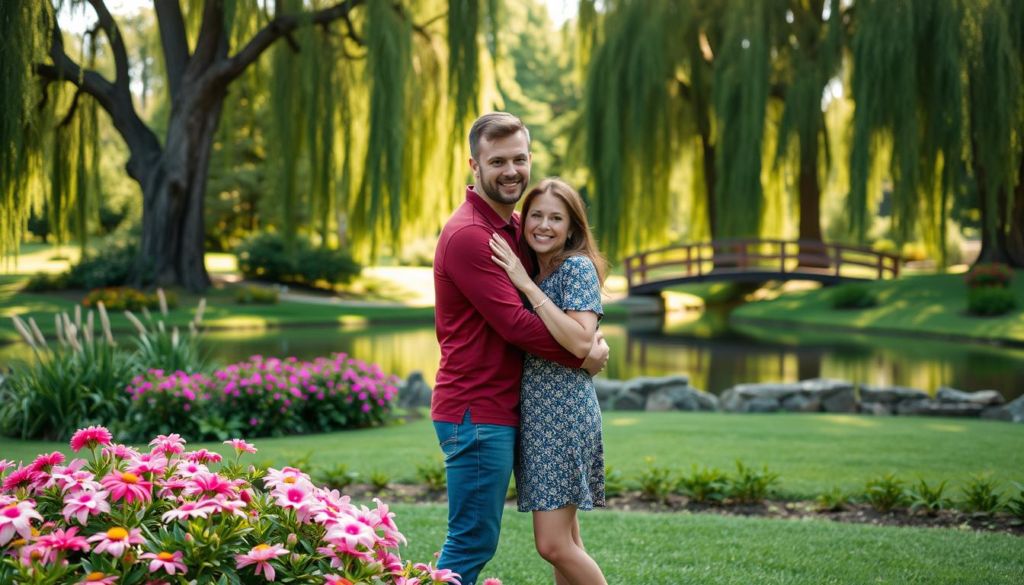A serene outdoor scene of two people, a man and a woman, standing together in a lush green garden. The foreground features the couple embracing, their bodies intertwined in a warm, intimate gesture. The middle ground showcases a well-tended flowerbed with vibrant blooms in hues of pink, purple, and yellow. The background depicts a tranquil pond with a wooden bridge, surrounded by a grove of tall trees casting soft, natural lighting across the scene. The couple's expressions convey a sense of deep connection, trust, and unwavering commitment, embodying the essence of "solid relationships." The overall mood is one of harmony, comfort, and a strong, unbreakable bond.