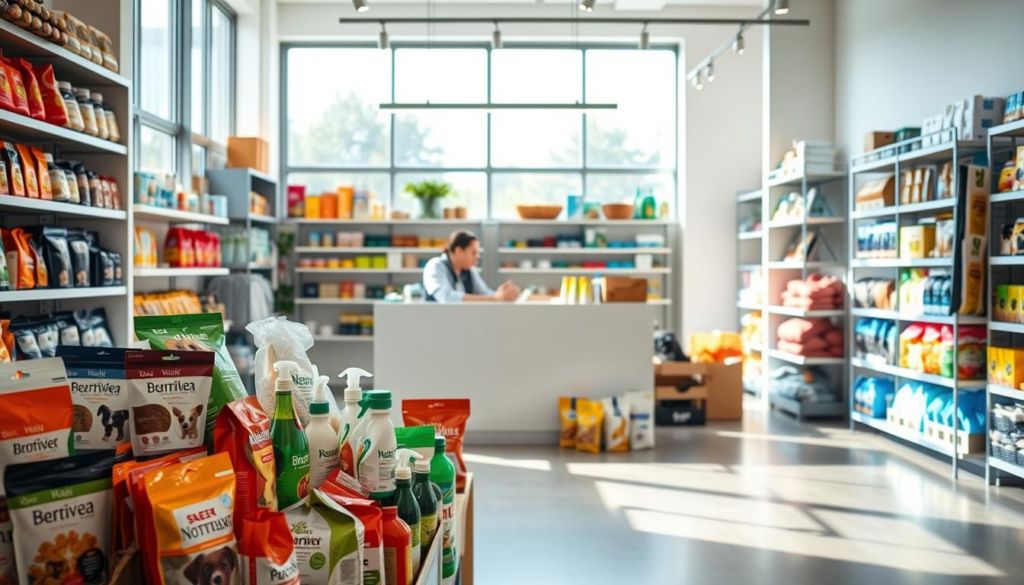 A serene pet shop interior, with natural lighting streaming through large windows. In the foreground, a display of various pet care products, meticulously arranged. The middle ground features a sleek, modern counter where a helpful staff member assists a customer. In the background, the shelves are stocked with an array of pet food, toys, and accessories, all organized and easily accessible. The atmosphere is calming and inviting, reflecting the shop's commitment to providing excellent customer service and top-quality pet supplies. The overall scene conveys a sense of professionalism and attention to detail, perfectly capturing the essence of "SEO para Pet Shops".