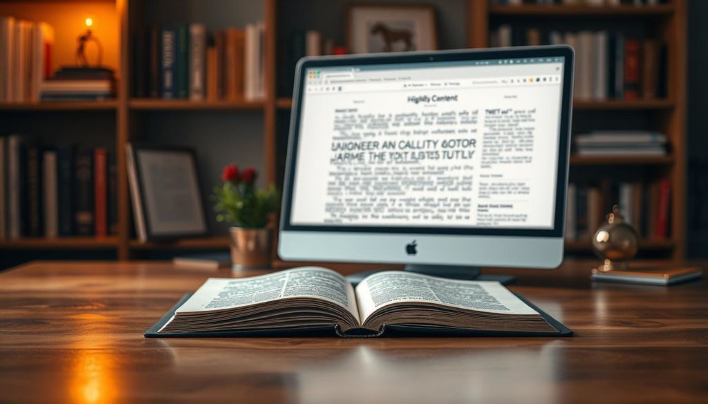 A serene, softly lit composition showcasing the essence of "high-quality content". In the foreground, a well-crafted book or scroll rests on a polished wooden table, its pages gently illuminated by warm, diffused lighting. The middle ground features a desktop computer or laptop, its screen displaying expertly curated web content - clean, visually appealing, and brimming with informative, engaging text. In the background, a bookshelf or wall displays carefully selected reference materials, subtly reinforcing the theme of knowledge and expertise. The overall mood is one of professionalism, authority, and a commitment to delivering valuable information to the viewer.