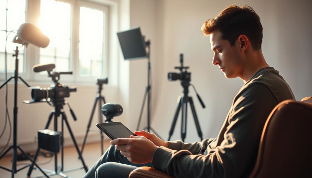 A serene, softly lit studio setting showcases a person engrossed in the art of video storytelling. The foreground features an individual sitting comfortably, eyes focused on a tablet or laptop, fingers gracefully navigating the digital canvas. Warm, natural lighting filters in from a large window, casting a gentle glow and creating a sense of contemplation and creativity. The middle ground displays various video production equipment - a high-quality camera, professional microphone, and lighting gear, hinting at the technical expertise required for compelling video narratives. The background subtly blends a minimalist, neutral-toned backdrop, allowing the storytelling process to take center stage. The overall atmosphere conveys the importance of thoughtful, emotive video content that captivates and resonates with the audience.