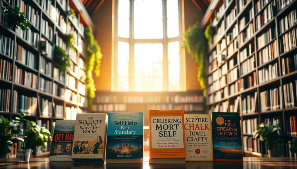 A serene, sun-dappled library interior with lush bookshelves lining the walls. In the foreground, several self-help books are arranged in a thoughtful comparison, their covers inviting contemplation. Warm, natural lighting filters through tall windows, casting a cozy, reflective atmosphere. The scene conveys a sense of quiet introspection, encouraging the viewer to consider the nuances and distinctions between different approaches to personal growth and transformation. The composition is balanced, with a focus on the books themselves, allowing the viewer to engage with the concepts of comparative analysis within the soothing ambiance of the scholarly setting.