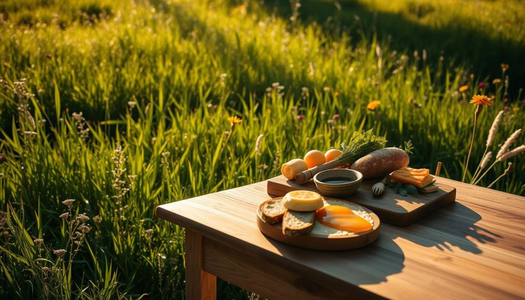 A serene, sun-dappled meadow, lush with verdant grasses and vibrant wildflowers. In the foreground, a well-crafted oak table stands, its smooth surface reflecting the natural beauty surrounding it. Atop the table, an artfully arranged spread of high-quality, locally-sourced ingredients - fresh produce, crusty bread, and a drizzle of golden honey. The scene is bathed in warm, golden light, captured through the lens of a vintage-style camera, conveying a sense of timeless, rustic elegance. The overall mood is one of quality, authenticity, and a deep appreciation for the natural world.