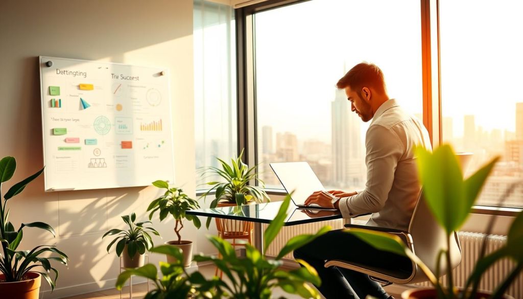 A serene, sun-drenched office space, with a large window overlooking a bustling city skyline. In the foreground, a businessman sits at a sleek, minimalist desk, deep in thought as he reviews reports and analytics on his laptop. Vibrant, healthy plants dot the space, symbolizing the growth and flourishing of a successful inbound marketing strategy. The mid-ground features a whiteboard filled with colorful diagrams and notes, representing the collaborative, data-driven approach of inbound. In the background, the city vista beyond the window is bathed in a warm, golden light, conveying the sense of opportunity and expansion that inbound marketing can bring to a business.
