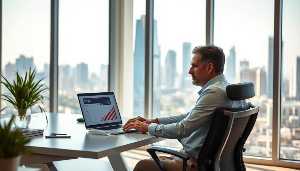 A serene, sun-drenched office space with a sleek, modern desk and ergonomic chair. On the desk, a laptop displays various analytics and metrics, representing the measurement of advertising effectiveness. The middle ground features a thoughtful business person analyzing the data, brow furrowed in concentration. In the background, a vibrant city skyline provides a dynamic backdrop, symbolizing the broader commercial landscape. Soft, warm lighting casts a productive glow, while a minimalist color palette of grays, whites, and blues conveys a sense of professionalism and efficiency. The overall scene suggests a methodical, data-driven approach to optimizing the impact of marketing campaigns.
