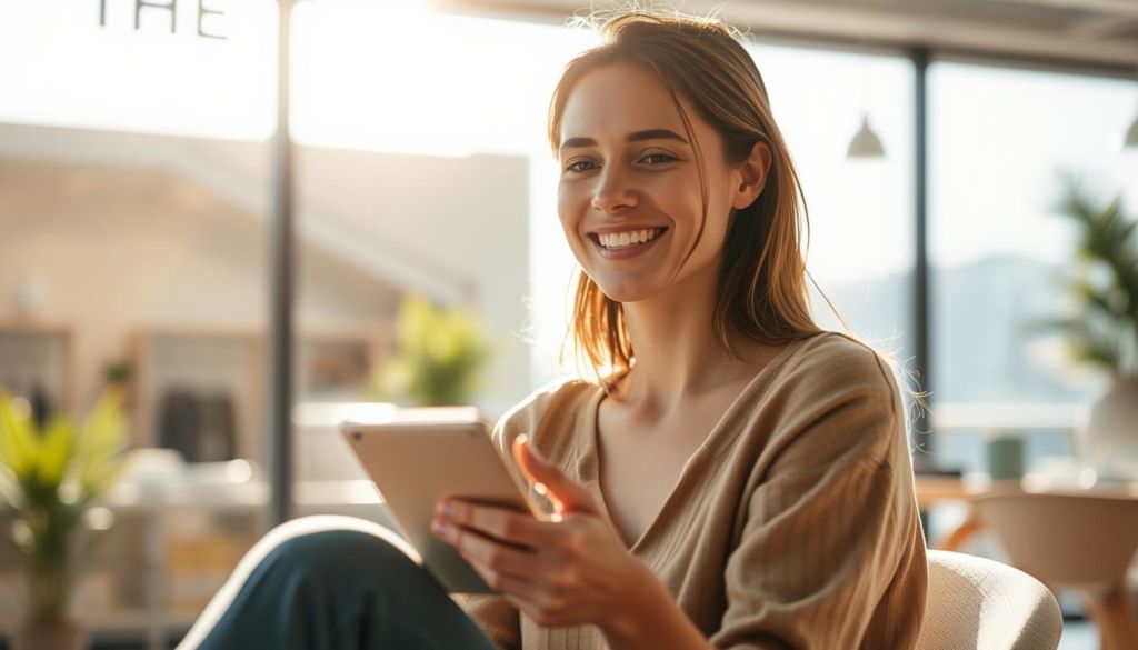 A serene, sun-drenched scene of a delighted customer basking in the warm glow of satisfaction. In the foreground, a person sits contentedly, a gentle smile upon their face, as they hold a product or service that has clearly met or exceeded their expectations. The middle ground features a subtly blurred office or retail environment, hinting at the positive interaction that has taken place. In the background, a soft, diffused light filters through large windows, creating a calming, inviting atmosphere. The overall composition conveys a sense of harmony, trust, and the fulfillment of needs, encapsulating the essence of customer satisfaction.