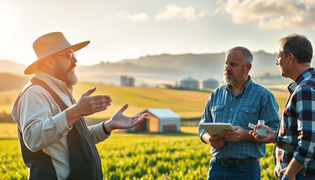 A serene, sunlit agricultural landscape with a farmer in the foreground, attentively engaged in a consultative discussion with a client. The farmer gestures expressively, while the client listens intently, notepad in hand. In the middle ground, a well-equipped modern farm shed, and in the background, rolling hills dotted with verdant fields and silos. Soft, warm lighting illuminates the scene, conveying a sense of trust, expertise, and collaboration between the agricultural professionals. The composition emphasizes the importance of personalized, consultative selling practices in the dynamic world of agribusiness.