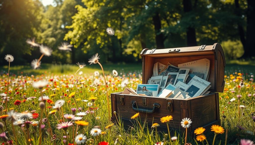 A serene, sunlit meadow with a mosaic of vibrant wildflowers. In the foreground, wisps of dandelion seeds dance on the breeze, evoking the ephemeral nature of moments. The middle ground features a weathered wooden chest, its lid open to reveal a kaleidoscope of treasured memories - vintage photographs, ticket stubs, and personal mementos. Beyond, a lush forest canopy casts dappled light, creating a sense of timelessness. The overall composition conveys the beauty in recycling and preserving cherished moments, inviting the viewer to reflect on their own "wow moments" and the joy of revisiting them.