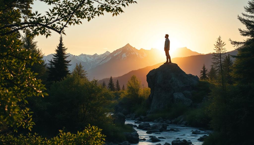 A serene, tranquil scene depicting the competitive advantage concept. In the foreground, a lush, verdant forest canopy casts dappled light over a peaceful stream. In the middle ground, a lone figure stands atop a rocky outcrop, gazing out over the landscape with a thoughtful expression. The background features majestic, snow-capped mountains silhouetted against a warm, golden sunset sky. The lighting is soft and natural, creating a sense of harmony and balance. The composition emphasizes the protagonist's elevated position, symbolizing the strategic advantage they hold. The overall mood is one of clarity, focus, and strategic insight.
