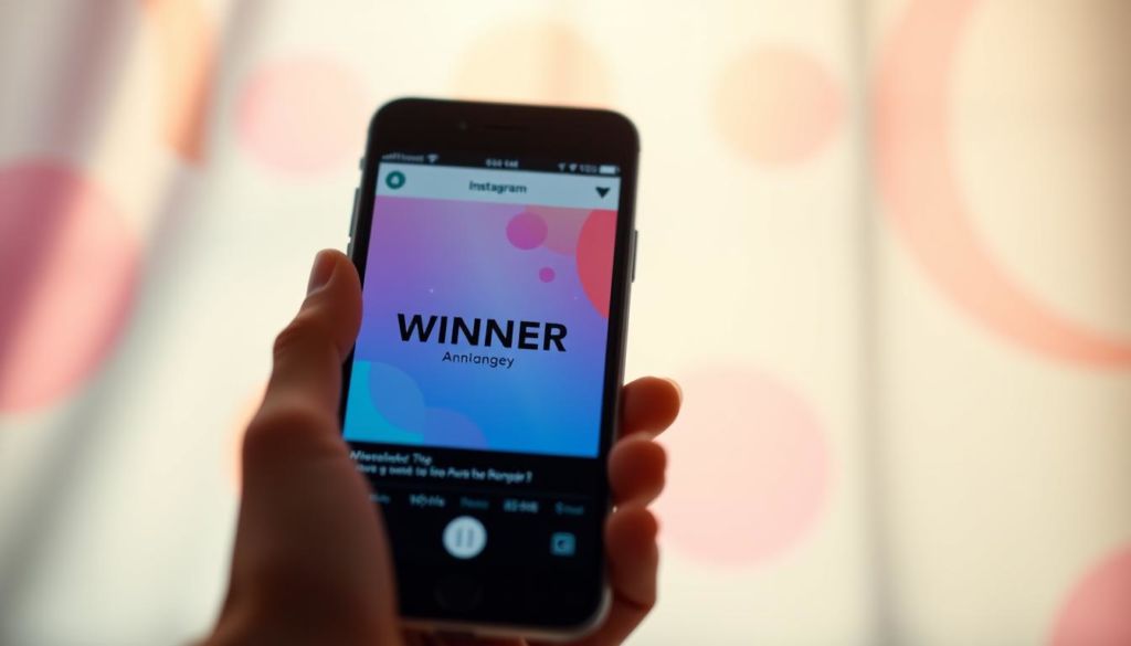 A serene, vibrant Instagram feed, with the focal point being a carefully curated image of a winner's announcement. The foreground showcases a smartphone screen displaying the winning post, surrounded by a soft, blurred background of colorful gradient patterns and subtle geometric shapes. The lighting is warm and inviting, with a touch of natural sunlight filtering through. The overall composition conveys a sense of celebration, community, and the importance of following up with participants after a successful Instagram giveaway.