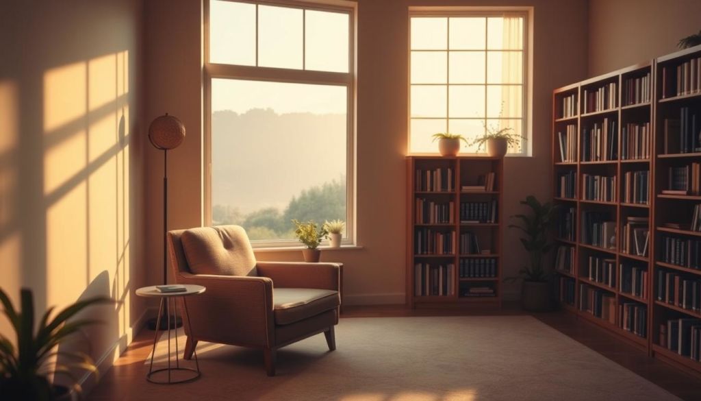 A serene, warm-lit therapy room with soft, muted tones. In the foreground, a comfortable armchair and a small side table with a potted plant. In the middle ground, a large window overlooking a calming natural landscape, filtered light cascading in. In the background, bookshelves lining the walls, giving an air of wisdom and introspection. Subtle textures, like the weave of the chair's upholstery and the grain of the wooden furniture, create a tactile, grounded atmosphere. The overall mood is one of tranquility, reflection, and the therapeutic journey of personal growth.