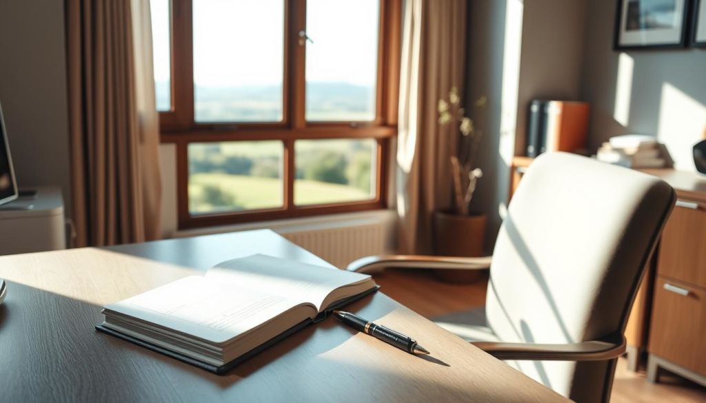 A serene, well-lit home office scene with a desk, chair, and a large window overlooking a tranquil landscape. On the desk, an open notebook and a pen convey the thoughtful, ethical practice of coaching. The room is filled with natural light, creating a calming atmosphere that reflects the importance of trust and transparency in the coaching relationship. The composition emphasizes the balance between professional work and personal reflection, evoking the core values of ethical coaching.