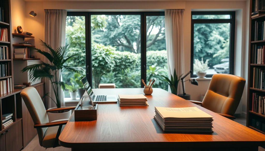 A serene, well-lit home office with a large wooden desk, a comfortable chair, and a large window overlooking a lush, verdant garden. On the desk, a laptop, a pen holder, and a stack of neatly organized papers, conveying a sense of focused, productive work. The lighting is warm and ambient, creating a cozy, inviting atmosphere. In the background, bookshelves line the walls, hinting at a wealth of knowledge and resources. The overall scene radiates a sense of quality, care, and attention to detail, perfectly capturing the essence of "conteúdo de qualidade".
