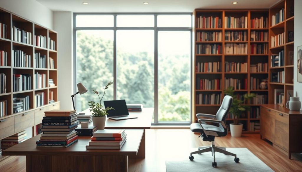 A serene, well-lit office interior with a large, wooden desk and an ergonomic office chair. On the desk, various self-improvement books, a laptop, and a potted plant. The background features a floor-to-ceiling bookshelf filled with personal development literature. Soft, diffused lighting creates a calm, focused atmosphere. A large window overlooking a lush, green landscape provides a connection to the natural world. The overall scene conveys a sense of introspection, growth, and personal transformation.