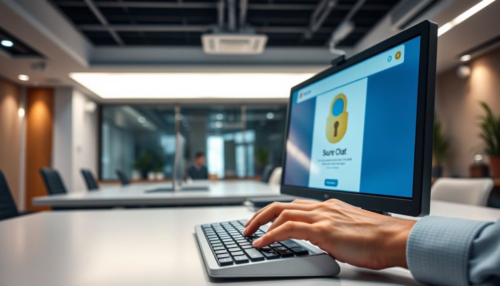 A serene, well-lit office setting with a focus on a computer monitor displaying a secure chat application. The foreground features a user's hands typing on a sleek, minimalist keyboard, conveying a sense of professionalism and attention to detail. The mid-ground showcases a modern, ergonomic desk setup with subtle security-themed elements, such as a privacy screen or an authentication token. The background subtly implies a corporate environment with neutral-toned walls, recessed lighting, and strategically placed security cameras, creating an atmosphere of safety and trust. The overall tone is one of diligence, reliability, and state-of-the-art digital protection.