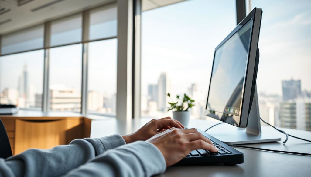 A serene, well-lit office setting with a modern desk, a desktop computer, and a small potted plant. In the foreground, a person's hands are typing on the keyboard, representing the "on-page optimization" process. The background features a large window overlooking a cityscape, suggesting the wider context of search engine visibility and online presence. The lighting is soft and natural, creating a calming, productive atmosphere. The composition is balanced, with the person's hands and computer equipment taking up the central focus, while the cityscape provides a subtle, contextual backdrop.