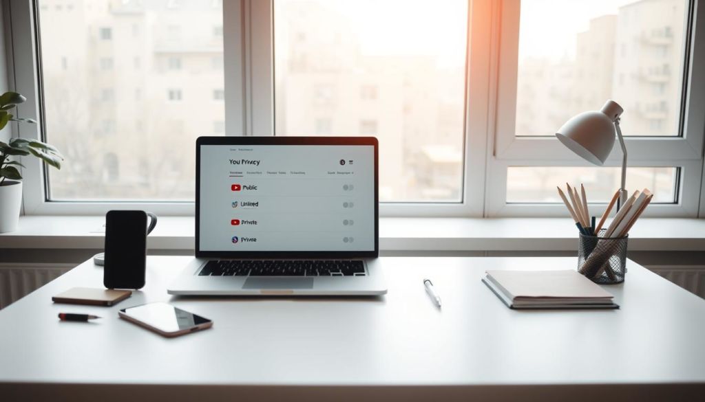 A serene, well-lit office setting with a modern desk displaying a laptop, smartphone, and various stationery items. The laptop screen showcases YouTube's video privacy settings, with options like "Public", "Unlisted", and "Private" prominently displayed. The desk is positioned against a large window, allowing natural light to flood the scene and create a calm, professional atmosphere. The layout and design of the desktop elements convey a sense of organization and attention to detail, reflecting the nuanced process of defining a video's privacy on the YouTube platform.