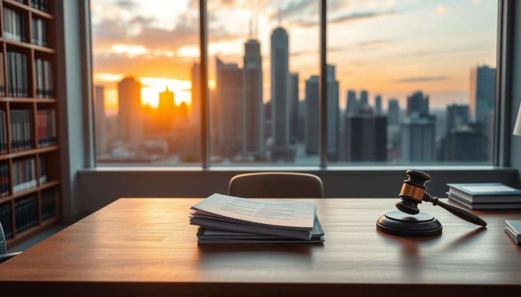 A serene, well-lit office space with a large window overlooking a city skyline. In the foreground, a wooden desk holds a laptop, a stack of documents, and a gavel, symbolizing the intersection of technology and legislation. The middle ground features bookcases lining the walls, filled with volumes of legal codes and policy manuals. The background showcases the silhouettes of tall skyscrapers against a vibrant sunset, hinting at the dynamic and ever-evolving nature of internet-related laws and regulations. The overall atmosphere conveys a sense of thoughtful contemplation and diligent policymaking.