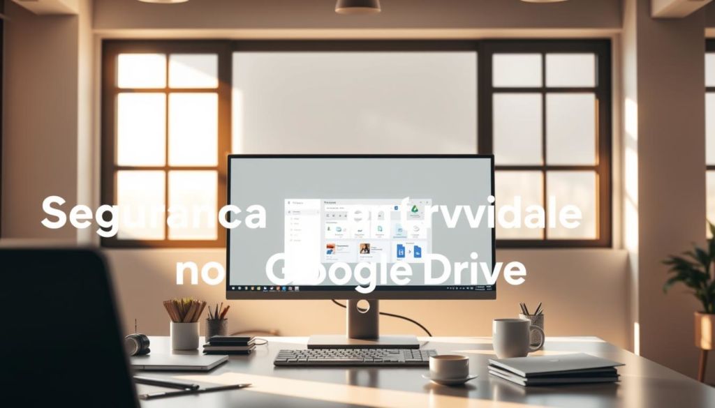 A serene, well-lit office workspace with a large, modern desktop computer and a sleek, minimalist Google Drive interface prominently displayed on the screen. The desktop is surrounded by a clean, organized desk with a few office supplies and a cup of coffee, all bathed in warm, natural lighting that filters in through large windows. The atmosphere conveys a sense of security, productivity, and attention to detail, perfectly embodying the topic of "Segurança e Privacidade no Google Drive."