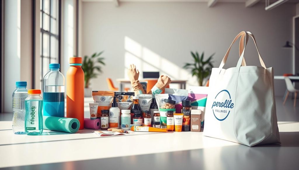 A serene, well-lit scene showcasing a selection of personalized wellness-themed promotional items. In the foreground, an array of vibrant, customized water bottles, yoga mats, and eco-friendly reusable tote bags arranged artfully. The middle ground features a collection of healthy snacks, supplements, and personal care products, all adorned with the event's branding. The background depicts a minimalist, sun-drenched office or coworking space, hinting at the professional setting where these bespoke gifts could be presented. The overall mood is one of wellness, productivity, and brand visibility, capturing the essence of "Brindes que promovem saúde e bem-estar".