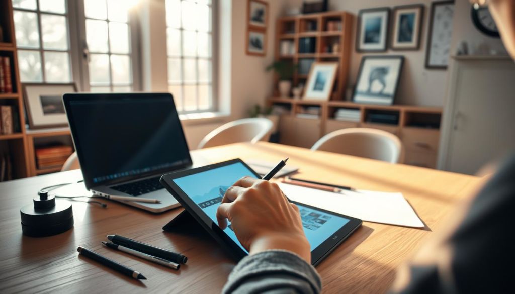 A serene, well-lit workspace with a laptop, digital tablet, and various drawing tools arranged neatly on a minimalist wooden desk. Sunlight streams in through large windows, casting a warm glow over the scene. In the foreground, a person's hands delicately manipulate a digital image on the tablet, the screen's soft blue light reflecting on their face. In the background, framed artwork and bookshelves line the walls, hinting at a passion for creative expression. The atmosphere exudes a sense of focus, productivity, and the joy of the creative process.