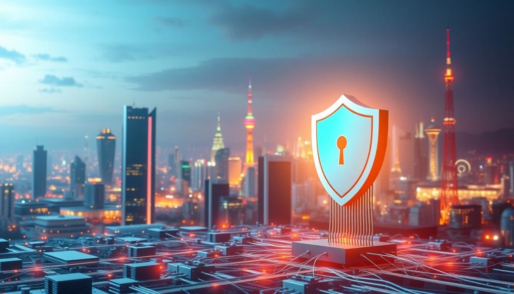 A serene yet vigilant digital landscape, with a large, sleek security icon standing tall in the foreground, casting a protective glow over the scene. In the middle ground, a cluster of interconnected devices and networks, each one fortified with intricate security protocols. The background depicts a vibrant cityscape, its skyline dotted with towering data centers and communication towers, all working in harmony to safeguard the digital realm. The lighting is soft and diffused, creating a sense of balance and reassurance, while the overall composition conveys a profound message of internet safety and security.