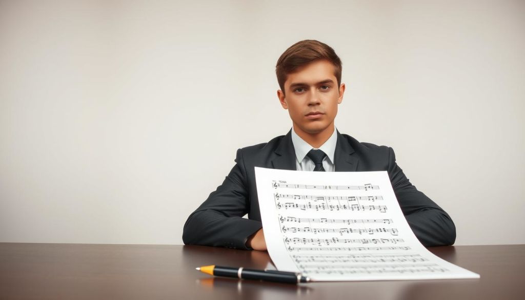 A serious-looking young man in a suit, symbolizing professionalism, sits at a table against a plain background. In the foreground, a sheet of music and a pen suggest the planning and thoughtfulness that goes into selecting music for videos. In the background, a small, humorous cartoon character pops up, hinting at the importance of incorporating the right tone and humor. The lighting is soft and indirect, creating a contemplative atmosphere. The overall scene conveys the need to balance seriousness and humor when choosing music for engaging videos.