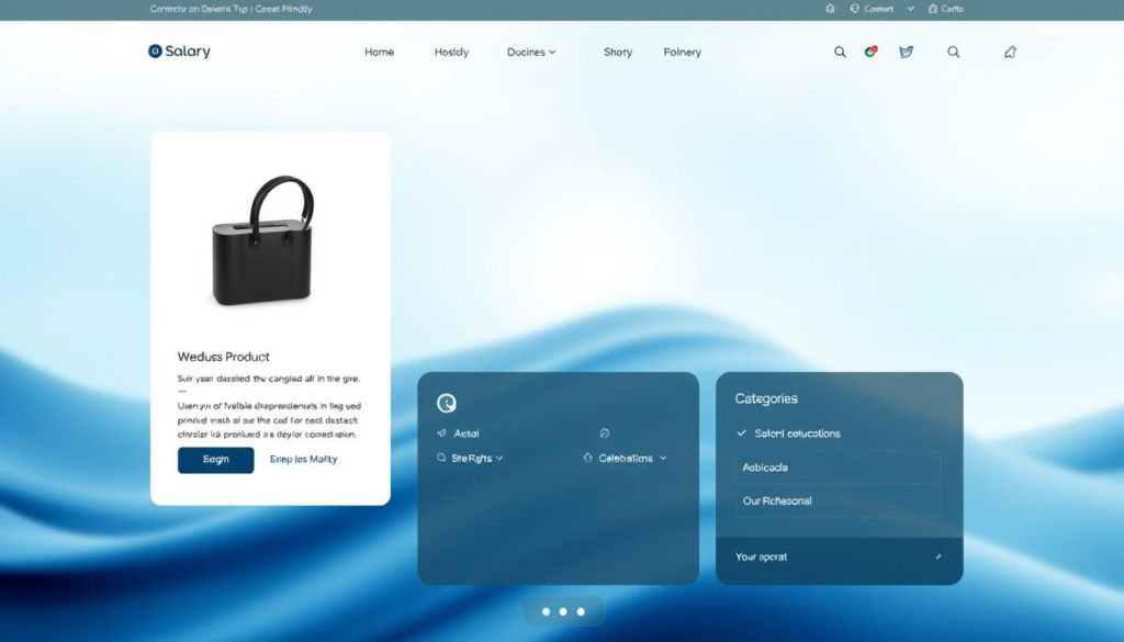 A sleek and modern e-commerce website interface showcasing a clean, user-friendly design. The foreground features a large, high-resolution product image with a minimalist product description and call-to-action buttons. The middle ground showcases a simple and intuitive navigation menu, with clear category labels and smooth hover effects. The background depicts a soft, blurred gradient in shades of blue and teal, creating a sense of depth and elegance. The overall composition conveys a visually appealing and highly usable website experience, optimized for seamless customer journey and maximum conversion potential.