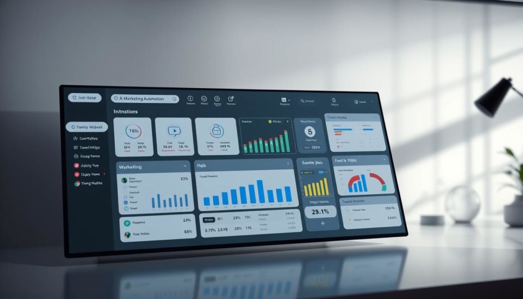 A sleek and modern marketing automation dashboard, featuring a central control panel with customizable widgets, data visualizations, and intuitive workflow management tools. The scene is bathed in a soft, ambient lighting, creating a professional and efficient atmosphere. The layout is clean and organized, with a focus on user-friendly interactions and seamless integration of various marketing channels. In the background, a subtle pattern or texture adds depth and visual interest, while the overall tone conveys a sense of technological sophistication and empowered digital marketing capabilities.
