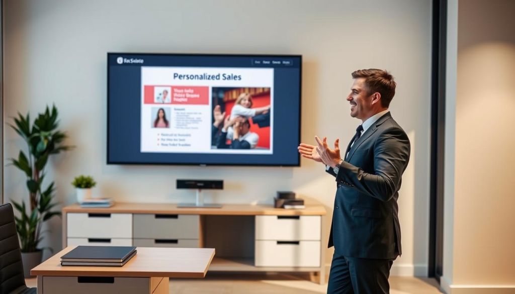 A sleek and modern office space, with a neatly organized desk and a large, wall-mounted display showcasing a personalized sales presentation. The salesperson, dressed in a sharp, professional attire, stands in the foreground, gesturing towards the screen with a warm and confident demeanor. Soft, directional lighting illuminates the scene, creating a sense of focus and attention. The background features a minimalist, neutral-toned decor, allowing the subject to take center stage. The overall atmosphere conveys a personalized, tailored approach to sales, where the customer's needs and preferences are the top priority.