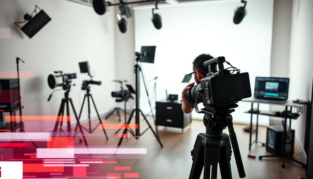 A sleek and modern video production studio, with a professional filmmaker capturing footage on a high-end DSLR camera. In the foreground, various common video production mistakes are depicted as abstract, glitchy visual elements, such as shaky camera work, poor lighting, and audio issues. The middle ground showcases a well-organized production setup, with microphones, lighting equipment, and a laptop displaying video editing software. The background features a clean, minimalist backdrop, highlighting the importance of a controlled environment for successful video creation. The overall atmosphere is one of a dynamic, tech-savvy workspace, where attention to detail and mastery of the craft are paramount.