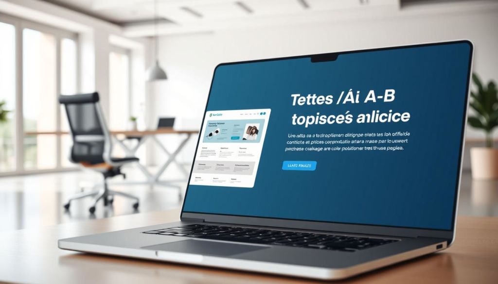 A sleek, contemporary landing page interface showcasing A/B testing results. In the foreground, a laptop screen displays two side-by-side web page designs, inviting comparison. The middle ground features a minimalist workspace with a stylish desk, ergonomic chair, and modern decor elements. The background hints at an airy, sunlit office space with large windows, allowing natural light to pour in. The overall atmosphere exudes a sense of professionalism, efficiency, and data-driven decision-making, perfectly capturing the essence of "Testes A/B e otimização" within the practical guide.