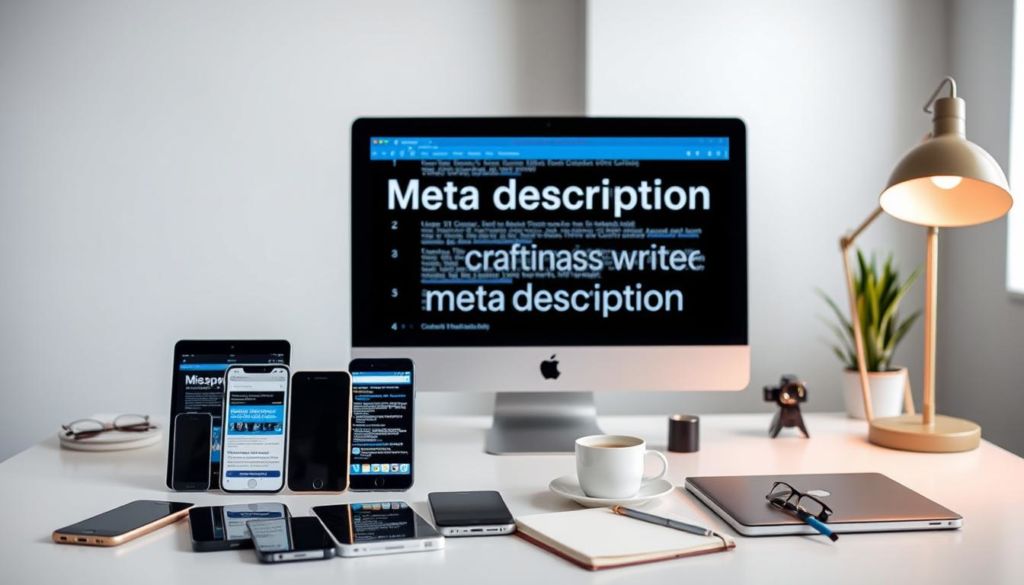 A sleek, contemporary office setting with a minimalist desk and a computer monitor displaying various digital platforms and devices. The foreground features various mobile phones, tablets, and laptops arranged in a visually appealing composition, showcasing the diverse platforms for crafting effective meta descriptions. The middle ground includes a well-organized workspace with a stylish lamp, a cup of coffee, and a notebook, conveying a sense of productivity and attention to detail. The background is softly blurred, creating a sense of depth and focus on the central elements. The overall mood is one of professionalism, efficiency, and a deep understanding of the nuances of effective meta description writing across different digital mediums.