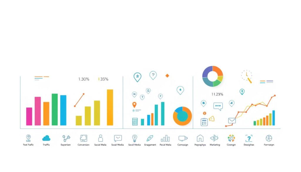 A sleek, minimalist business infographic displaying key marketing performance indicators (KPIs) against a clean, white background. The foreground features a series of colorful, modern data visualizations such as bar graphs, line charts, and pie charts, artfully arranged to showcase marketing metrics like website traffic, conversion rates, social media engagement, and campaign ROI. The middle ground depicts various icons and symbols representing different marketing channels and strategies. The background has a soft, subtle gradient, providing depth and emphasis to the data-driven elements in the focal point. The overall aesthetic is professional, polished, and optimized for clear communication of marketing insights, designed to facilitate data-driven decision-making.