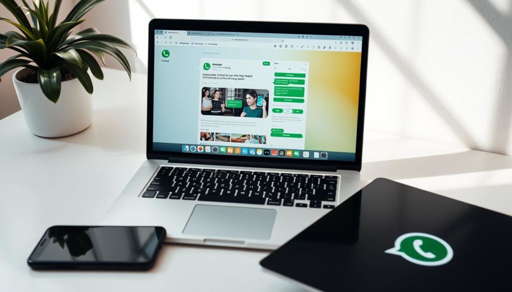 A sleek, minimalist workspace with a laptop, smartphone, and tablet arranged in a clean, organized manner. The laptop's screen displays the WhatsApp Web interface, seamlessly integrated with the other devices. Soft, diffused lighting casts a warm glow, creating a professional yet inviting atmosphere. The composition emphasizes the ease of cross-device connectivity, highlighting the harmony between the physical and digital realms. The overall scene conveys the effortless integration of WhatsApp Web into a modern, productive workflow.