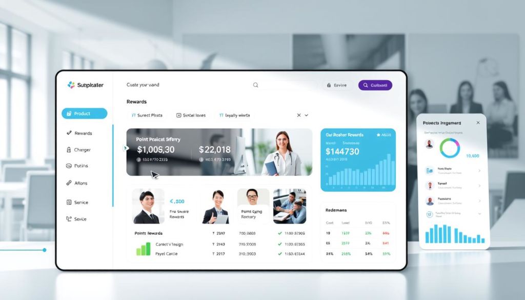 A sleek, modern business loyalty program interface showcasing a customer dashboard with customizable rewards, point tracking, and redemption options. The foreground features a minimalist white and blue color scheme with clean typography and simple iconography. The middle ground displays product images and service offerings tailored to the company's brand. The background subtly blends professional stock imagery of cheerful office workers and financial data visualizations, conveying a sense of enterprise-level sophistication. Bright, even lighting from the side creates depth and highlights the program's intuitive user experience. The overall mood is one of efficiency, engagement, and customer-centric value.