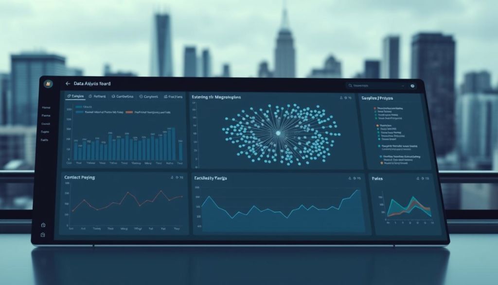 A sleek, modern data analysis dashboard with clean lines and minimalist design. In the foreground, a series of interactive charts and graphs displaying key metrics and KPIs, rendered in a cool, muted color palette. The middle ground features a large, detailed data visualization, perhaps a treemap or a scatter plot, showcasing complex relationships between data points. In the background, a blurred city skyline with towering skyscrapers, hinting at the scope and scale of the data being analyzed. Soft, directional lighting casts subtle shadows, creating depth and dimension. The overall mood is one of focused, analytical contemplation, inviting the viewer to delve deeper into the insights presented.