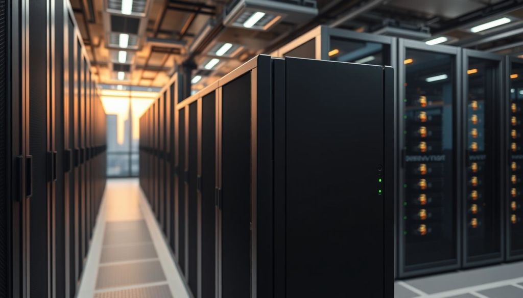 A sleek, modern data center with rows of server racks, illuminated by warm, soft lighting. In the foreground, a hybrid storage array stands out, its sleek black casing and colorful status LEDs indicating a harmonious blend of traditional and cloud-based storage. The background features a partially obscured cityscape, hinting at the connection between on-premises and cloud-based infrastructure. The scene conveys a sense of technological sophistication, efficiency, and the seamless integration of physical and virtual storage solutions.