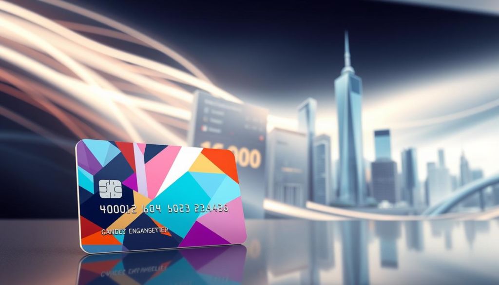 A sleek, modern digital bank interface showcasing innovative marketing strategies. In the foreground, a stylized bank card with dynamic geometric patterns and vibrant colors, hinting at the bank's cutting-edge digital services. In the middle ground, a minimalist dashboard display with interactive infographics and graphs, highlighting key performance metrics and customer engagement data. In the background, a fluid, abstract cityscape with towering skyscrapers, symbolizing the bank's tech-forward, urban presence. The lighting is soft and sophisticated, creating a refined, high-tech ambiance. The overall composition conveys a sense of innovation, efficiency, and a customer-centric digital banking experience.