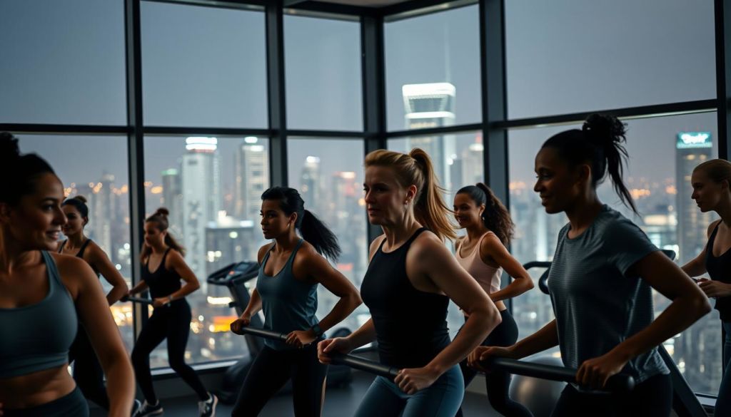 A sleek, modern fitness studio with large windows overlooking a bustling city skyline. The foreground features a group of diverse, active individuals engaged in a dynamic workout session, their expressions focused and determined. The middle ground showcases state-of-the-art exercise equipment and a minimalist, yet stylish interior design. In the background, the city lights twinkle, creating a sense of energy and vibrancy. The lighting is warm and inviting, casting a glow on the scene. The overall atmosphere conveys a sense of wellness, community, and the appeal of the "cliente fit" lifestyle.