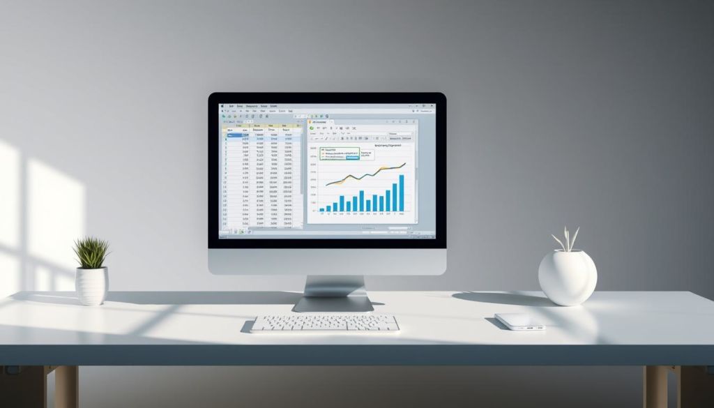 A sleek, modern-looking spreadsheet with intricate Excel formulas and charts floating in a serene, minimalist workspace. Soft, directional lighting casts subtle shadows, highlighting the attention to detail. The workspace is uncluttered, allowing the user to focus on the optimization techniques displayed on the screen. The color palette is muted, with shades of gray, blue, and white, conveying a sense of efficiency and professionalism. The overall composition is balanced, guiding the viewer's eye towards the key elements of Excel optimization.