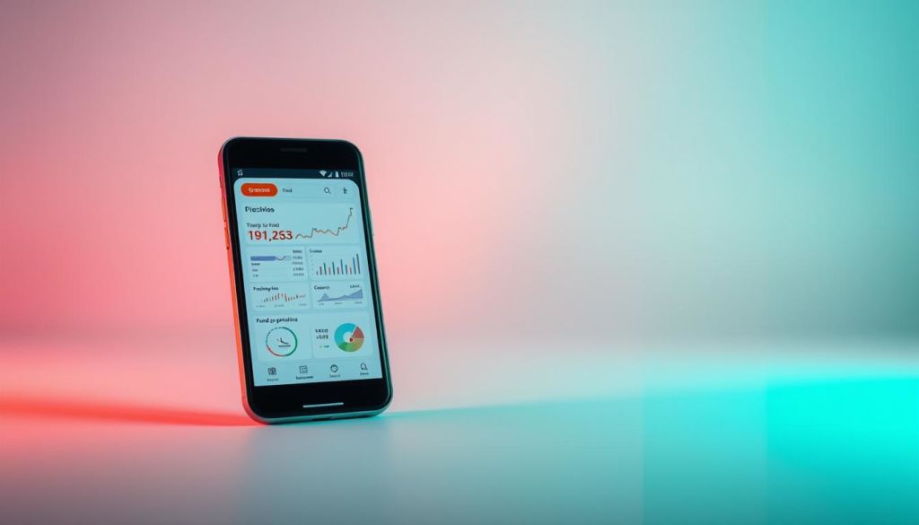 A sleek, modern mobile app interface fills the foreground, its clean lines and intuitive layout suggesting optimized user experience. Amidst a serene backdrop of pastel hues, charts and graphs dance across the screen, visualizing financial data in an engaging, easy-to-digest manner. Subtle rays of warm lighting cast a glow, creating a sense of focus and productivity. The composition is balanced, with ample negative space to draw the eye towards the app's core functionality. An atmosphere of efficiency and control permeates the scene, reflecting the "dicas para otimizar o uso do aplicativo" theme.