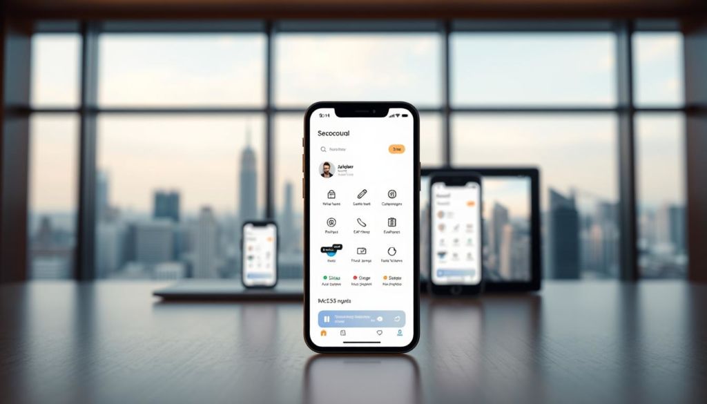 A sleek, modern mobile application design with a clean, minimalist interface. In the foreground, a phone display shows a well-crafted user interface with intuitive icons, fluid animations, and a harmonious color palette. The middle ground features a 3D-rendered mockup of the application on various devices, showcasing its responsive design and cross-platform compatibility. The background depicts a soft, blurred city skyline, conveying a sense of urban sophistication. The lighting is warm and natural, creating a polished, professional atmosphere. The entire scene is captured with a shallow depth of field, drawing the viewer's attention to the application's elegant design.