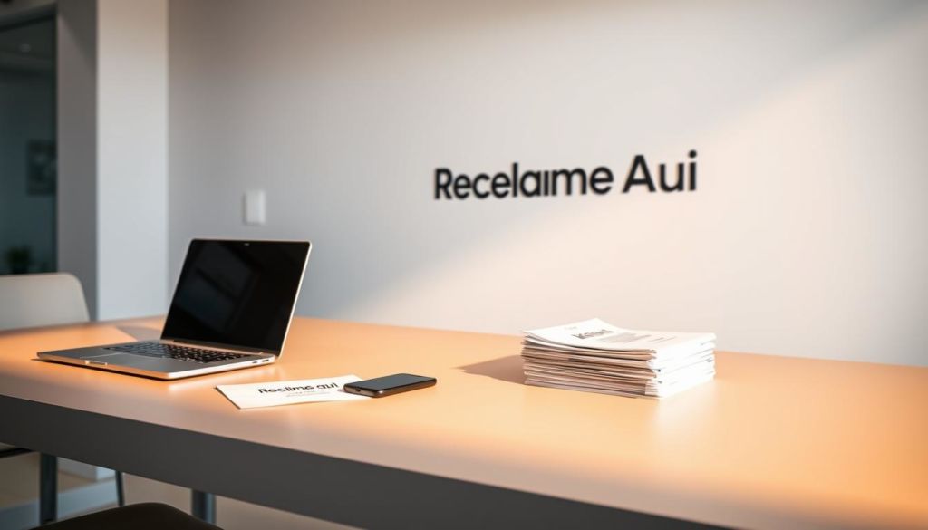 A sleek, modern office desk with a laptop, smartphone, and a stack of documents labeled "Reclame Aqui". The desk is illuminated by soft, warm lighting creating a professional and productive atmosphere. In the background, a minimalist wall displays the Reclame Aqui logo, subtly emphasizing the subject matter. The overall scene conveys a sense of efficiency, problem-solving, and customer service associated with the Reclame Aqui platform.