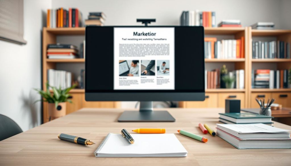 A sleek, modern office desk with a variety of crisp, high-quality stationery items carefully arranged. In the foreground, a stylish fountain pen, a clean notepad, and a set of colorful highlighters sit atop a minimalist, light-colored wooden surface. In the middle ground, a professional-grade desktop computer monitor displays a clean, well-designed email newsletter template, its elements clearly visible. In the background, shelves hold a diverse collection of marketing and graphic design books, conveying a sense of expertise and professionalism. Soft, directional lighting from a nearby window casts a warm, productive glow over the entire scene.