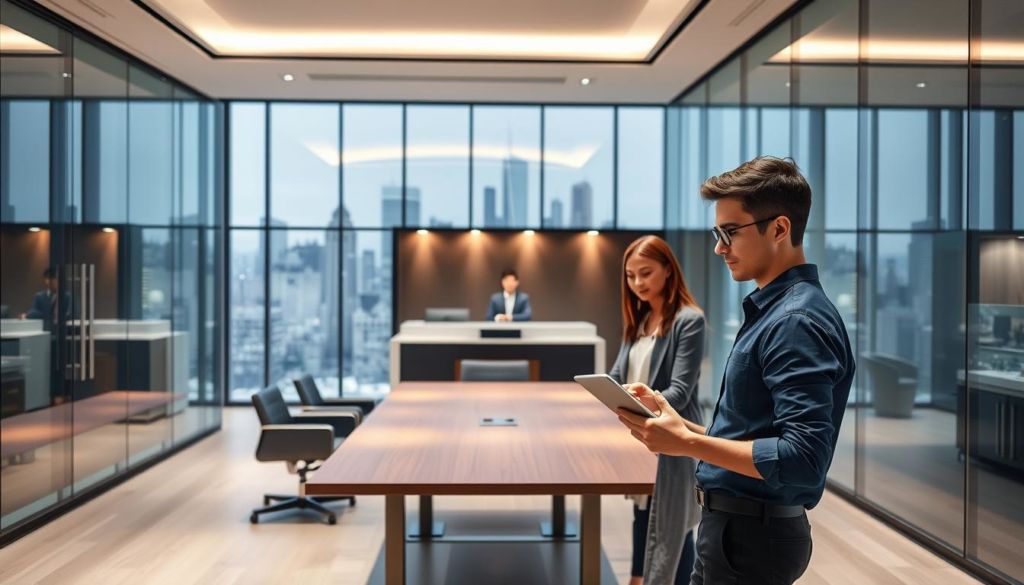 A sleek, modern office interior with a glass-walled conference room. In the foreground, a young professional uses a tablet, collaborating with colleagues around a minimalist, steel-and-wood conference table bathed in soft, indirect lighting. The middle ground features a reception desk staffed by a friendly, attentive attendant. In the background, large windows offer a panoramic city skyline view, conveying a sense of technological sophistication and customer-centric service. The overall mood is one of productive efficiency and seamless, technology-enabled customer engagement.